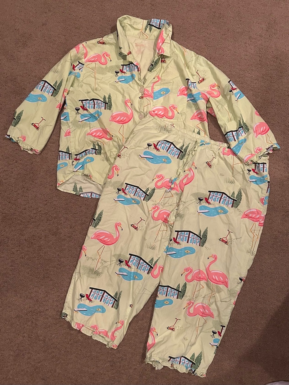 Nick And Nora Pajama Set - L - Pink green flamingo